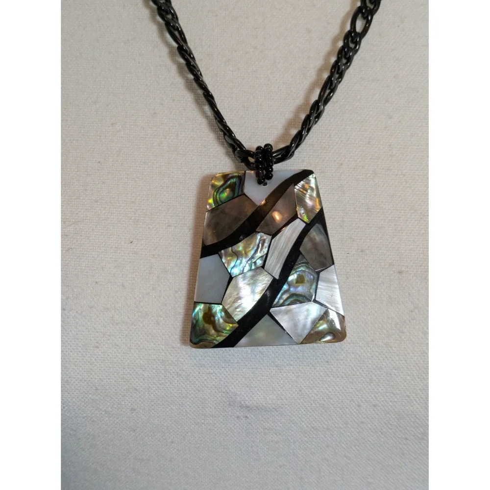 Abstract Mother Of Pearl Pendant Necklace Mosaic Style Artsy Artisan Black Chain
